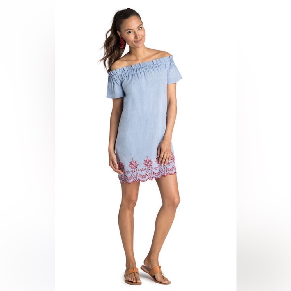 Vineyard Vines Off-Shoulder Chambray Dress with Red Embroidery Size M